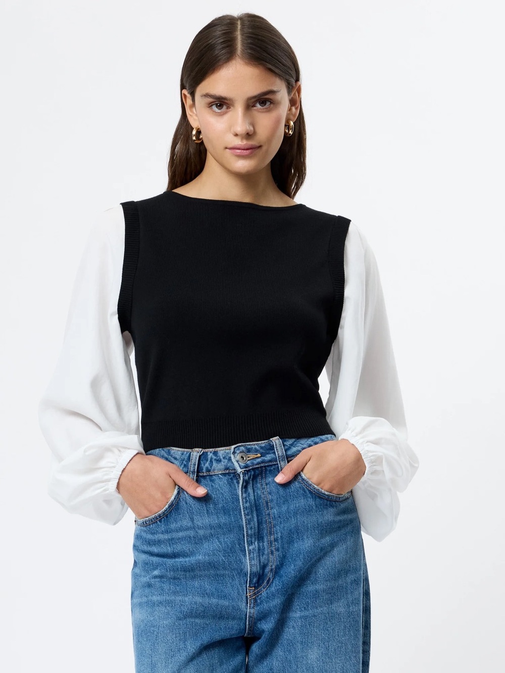 French Connection Black & White Layered Pullover Blouse